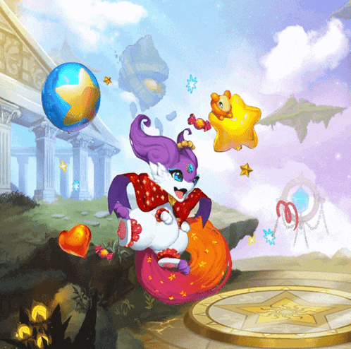 a cartoon illustration of a purple and white animal with balloons and stars