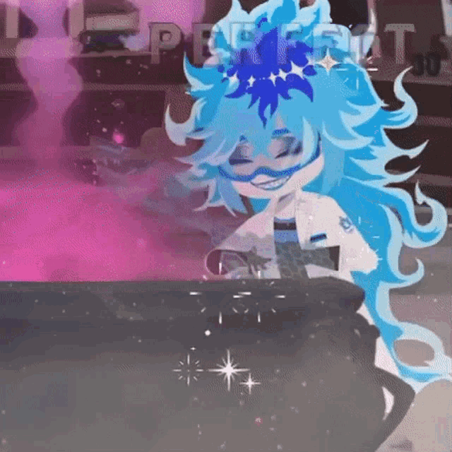 a cartoon character with blue hair is cooking in a cauldron with purple smoke coming out of it .