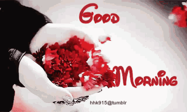 a woman is holding a pile of red flowers in her hands with the words good morning written on the bottom