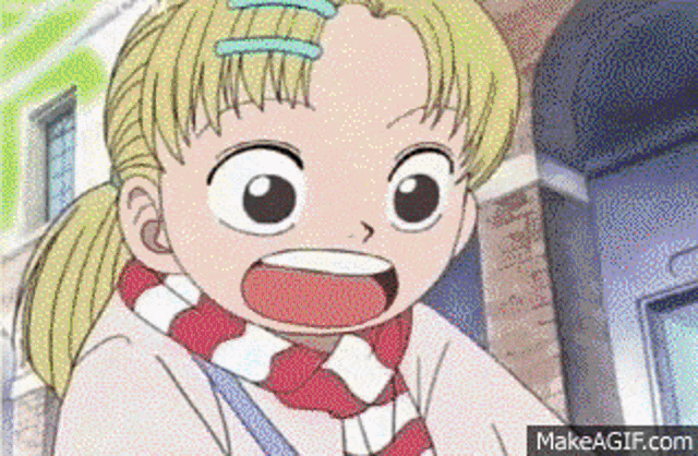 a cartoon girl wearing a scarf and a ponytail is smiling .