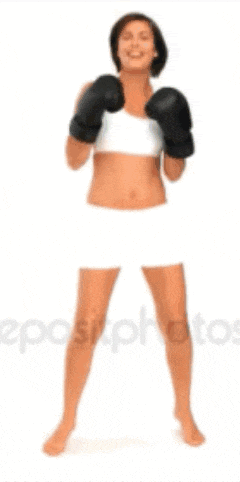 a woman wearing black boxing gloves stands in front of a white background