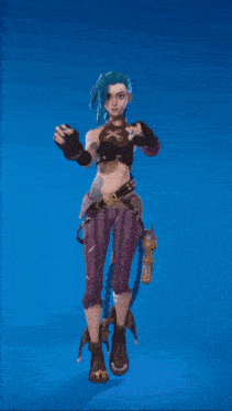 a girl with blue hair and purple pants is standing on a blue background