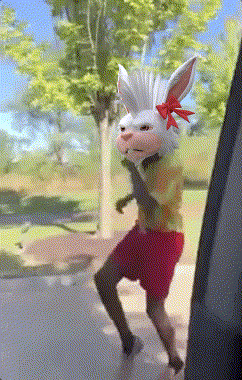 a person wearing a bunny mask with a red bow on their head