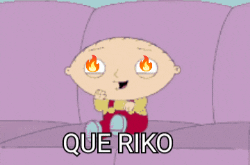 a cartoon character with flames coming out of his eyes and the words que riko below him