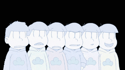 a group of cartoon characters with clouds on their shirts are standing in a line