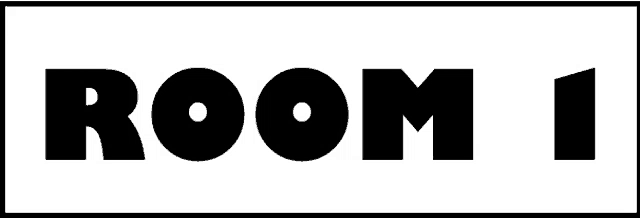 a sign that says room 1 in black letters on a white background