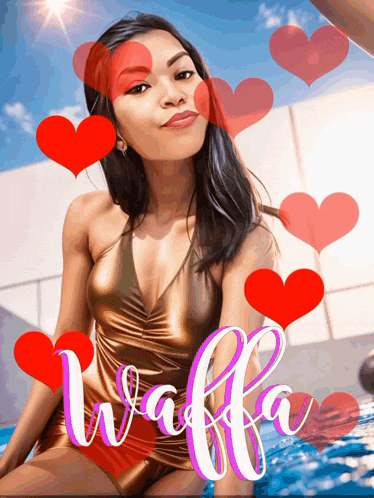 a woman in a swimsuit is surrounded by red hearts and the word waffa