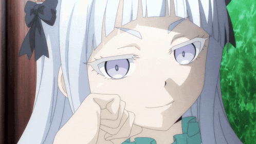a girl with white hair and purple eyes has a bow in her hair