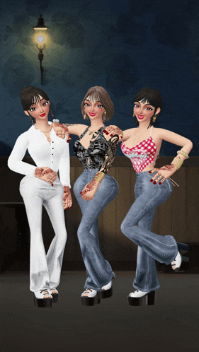 three cartoon girls are posing for a picture and one has a tattoo on her arm