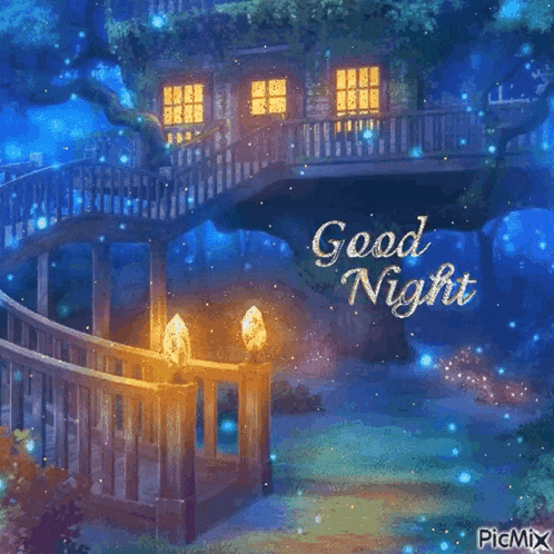 a picture of a tree house with a bridge and the words good night on it