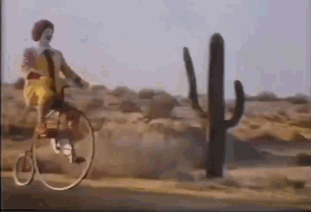 a man in a clown costume is riding a bicycle in the desert .