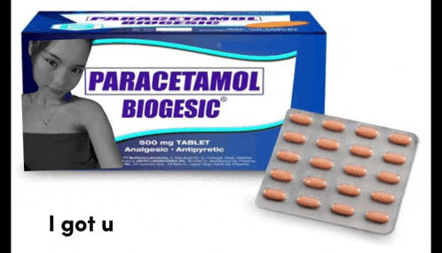 a box of paracetamol biogesic next to a blister pack of pills