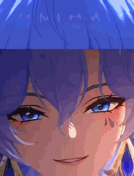 a close up of a person 's face with blue hair and blue eyes