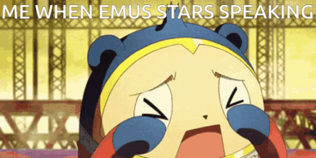 a cartoon character is crying with the words me when emus stars speaking