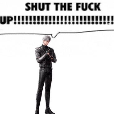 a man in a leather jacket with a speech bubble that says " shut the fuck up "