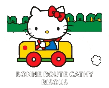 hello kitty is driving a toy car with a mouse on the back .