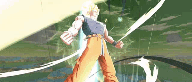 a cartoon of a man in orange pants standing in front of a green field