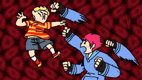 a cartoon of a boy and a girl fighting with their fists in the air .