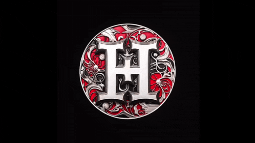 a black and red circle with a letter h in the center