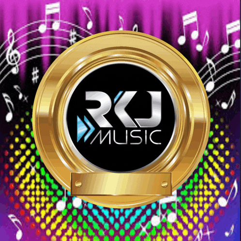 a logo for rkj music surrounded by musical notes