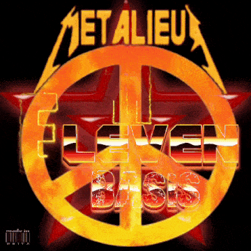 a metallica logo with a peace sign in the middle