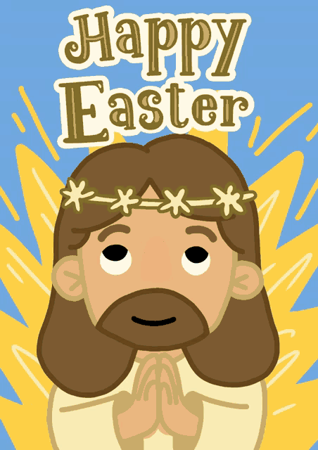 a cartoon of jesus praying with the words happy easter written above him