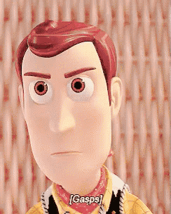 woody from toy story is making a funny face and says gasps .
