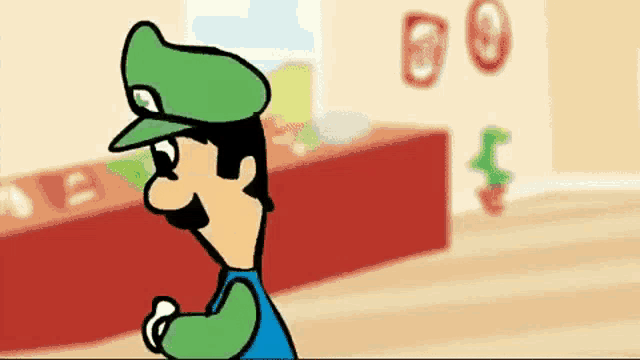 a cartoon of luigi wearing a green hat and a blue shirt