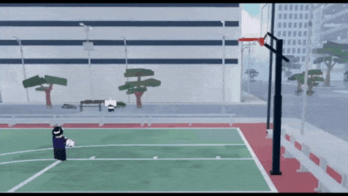 a person is playing basketball on a court with a basketball hoop in the background .