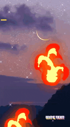 a picture of a sunset with a crescent moon and a flame that says hype text at the bottom