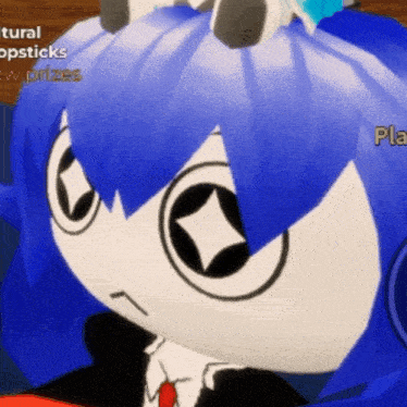 a close up of a cartoon character with blue hair and a diamond in her eyes