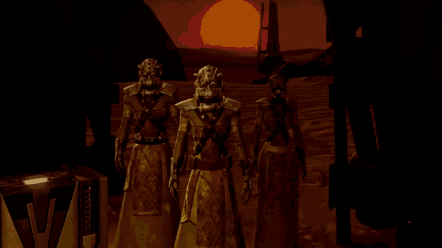 a group of statues are standing in front of a large orange sun