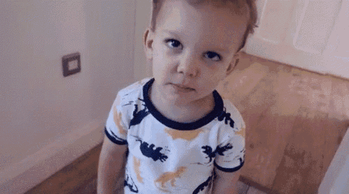 a young boy wearing a dinosaur shirt is standing on a wooden floor .