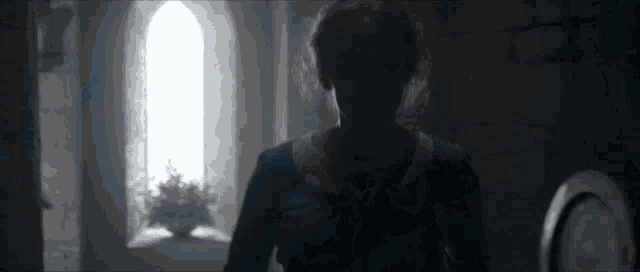 a woman in a blue dress is standing in a dark room in front of a window .