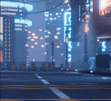 a city street at night with a neon sign that says r on it