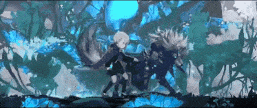 a boy is standing next to a wolf in a forest