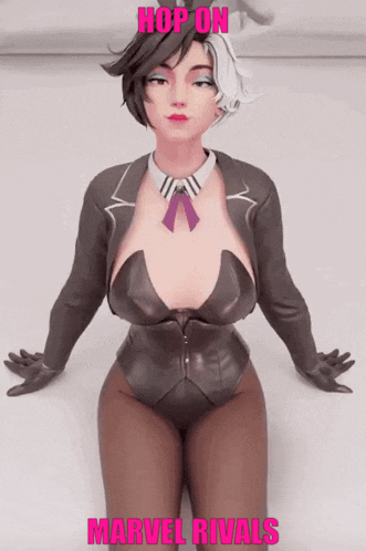 a 3d model of a woman with the words hop on marvel rivals written above her