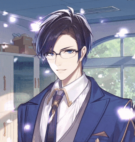 a man wearing glasses and a blue suit stands in a room