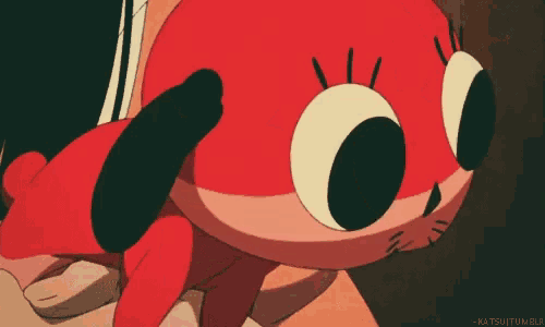 a close up of a red cartoon character with the words - katsu tumblr - below it