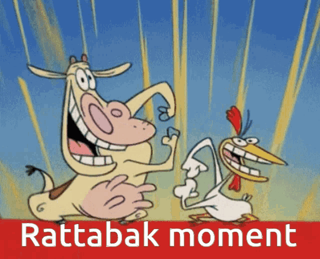 a picture of a cow and a chicken with rattabak moment written below them
