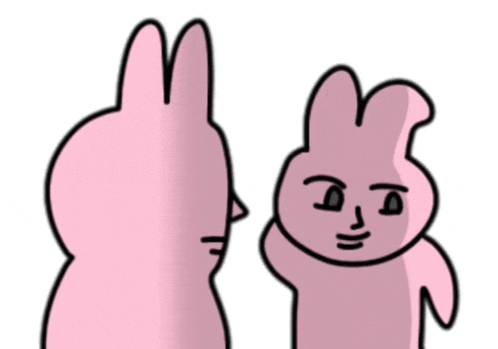 two pink rabbits are standing next to each other and one has a sad look on his face
