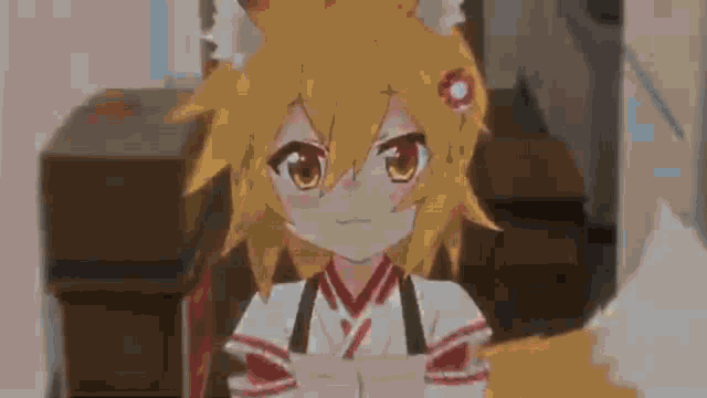 a close up of a cute anime girl with yellow hair making a face .