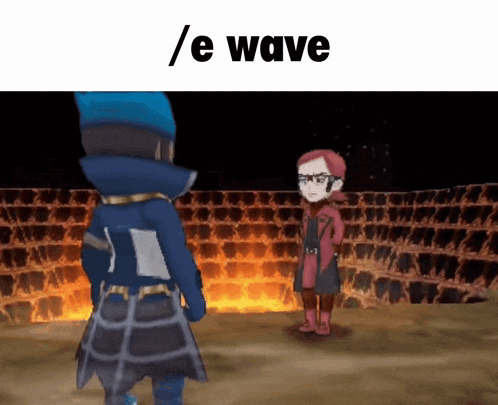 two cartoon characters are standing next to each other with the words / e wave written above them