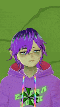 a girl with purple hair is wearing a purple hoodie that says extra junk