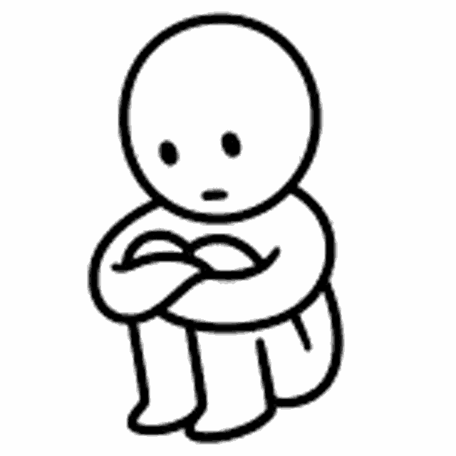 a black and white drawing of a sad cartoon character sitting on the ground .