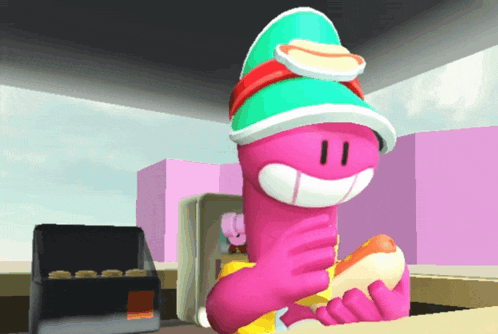 a cartoon character is eating a hot dog and wearing a green hat