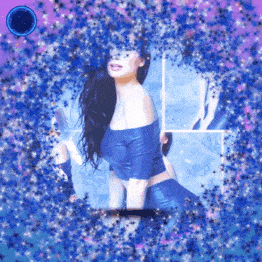 a picture of a woman in a blue top is surrounded by blue and purple stars