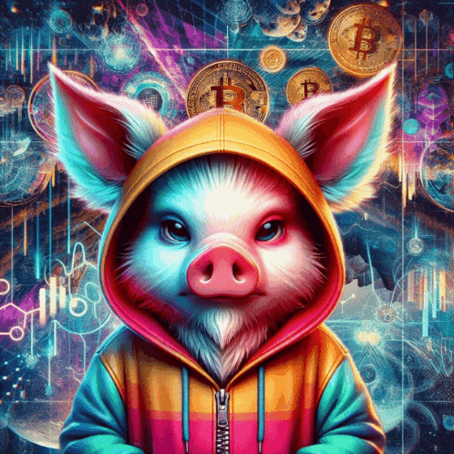 a pig wearing a hoodie with the letter b on it 's head