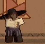 a cartoon character wearing a hat and holding a gun is standing in front of a wall .