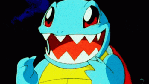 a cartoon turtle with sharp teeth is smiling and giving the middle finger